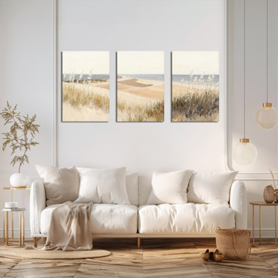 «Beach Dunes and Sea Grass Coastal Landscape», reproduction d'art sur toile tendue sur toile (ensemble de 3)