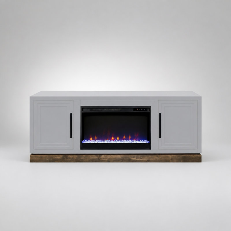 Meuble télé modulaire avec foyer électrique, rangement et chauffage d'appoint pour grands téléviseurs.