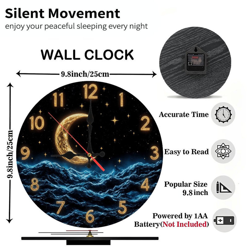 Horloge avec étoile de lune et vagues de l'océan