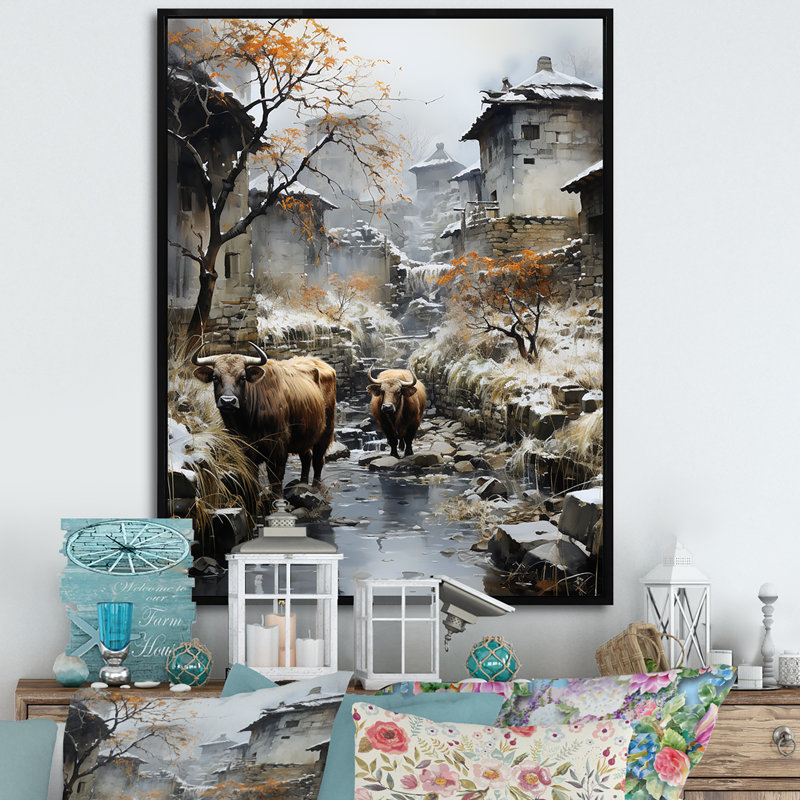 Yaks Urban visiteur I sur toile, Cadre flottant noir, H 32 po x l 16 po x P 1 po