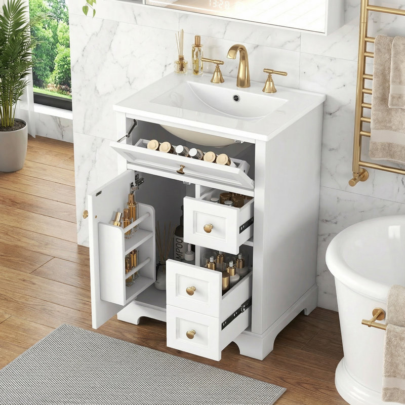 Meuble-lavabo autoportant moderne de 24 po avec lavabo, 3 tiroirs à fermeture en douceur, conception peu encombrante pour les petites salles de bain - Assemblage facile
