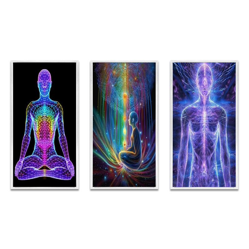 «Neon Meditation», 3 pièces sur toile, Cadre blanc, H 36 po x l 28 po