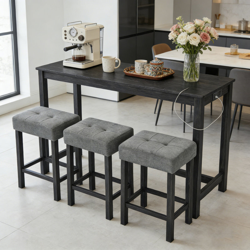 59 Inch Bar Table/ Dining Table/ Sofa Table With Power Outlet/ 3 Upholstered Stools/ 4 Piece Bar Table And Chair Set For Living Room/ Dining Room/ Kitchen