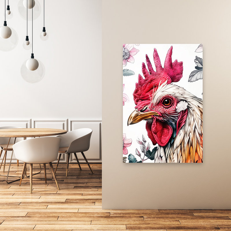 «Vibrant Rooster Profile Colorful Elegant Vibrant Bird Nature Landscape», art mural, H 48 po x l 32 po