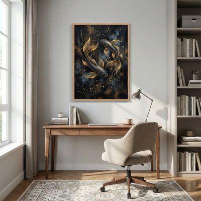 Glowing Gold Outline Koi Fish on Dark Background Canvas Wall Art