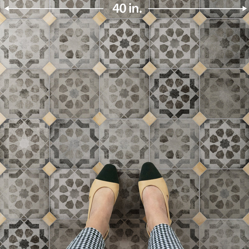 Laverton Octagon W/Taco 7-7/8 In. X 7-7/8 In. Porcelain Floor And Wall Tile, Gray/Ivory