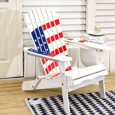 White with USA Flag Patriotic Outdoor Wood Adirondack Chair