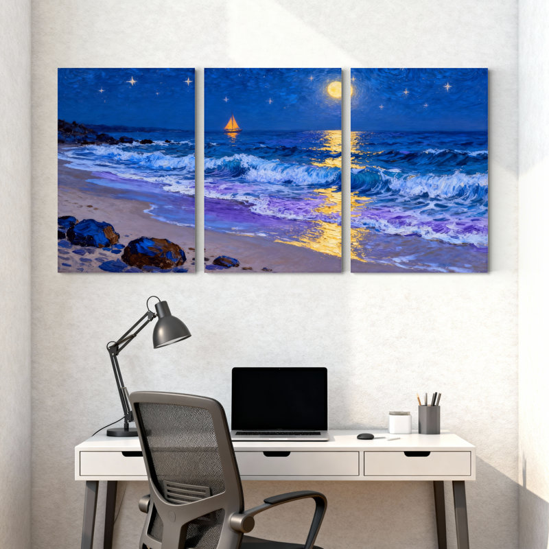 Abstrait au clair de lune, vagues de l'océan avec voilier et étoiles, ensemble de 3 impressions sur toile, H 24 po x l 48 po