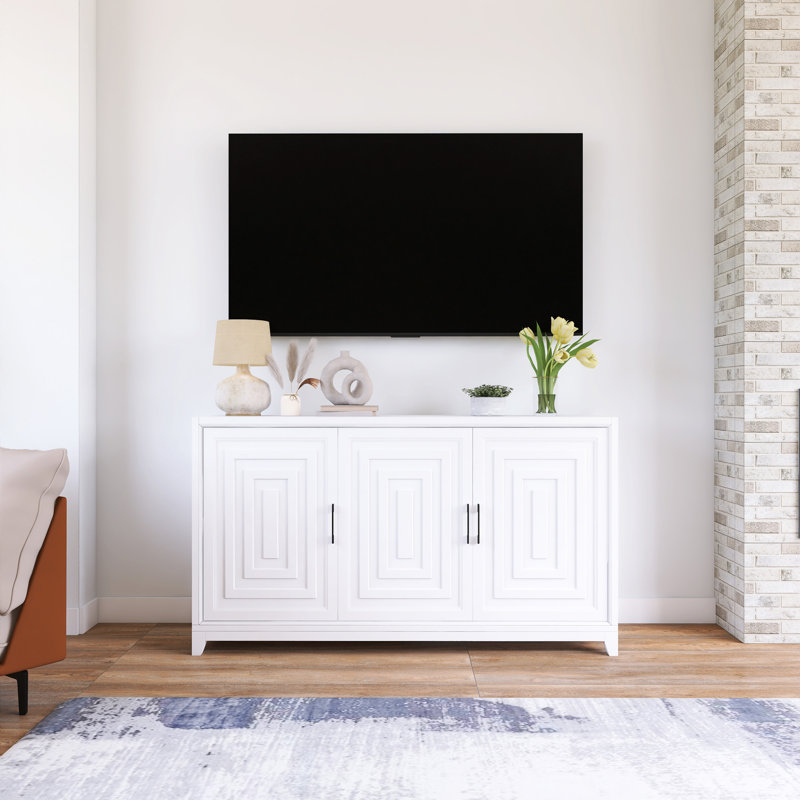 Meuble télé VIBE pour téléviseur de 65 po ou moins, meuble télé avec 2 espaces de rangement spacieux et pieds en bois massif pour le salon
