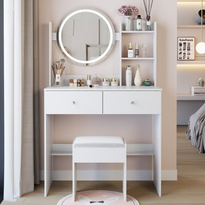Ensemble de coiffeuse à miroir rond de 17 po à DEL avec ensemble de tabourets à coussin moelleux, grand miroir, interrupteur tactile, 3 couleurs, luminosité réglable, grand bureau, rangement multicouche de grande capacité, convient aux petits espaces