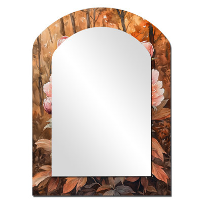 Pivoines et la forêt d'automne I - miroir asymétrique pivoines, miroir mural unique arche rose, impression sur métal