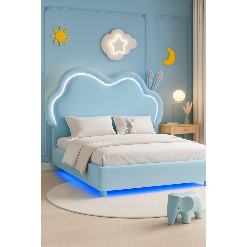 Zoomie Kids Floating Bed Frame with Adjustable LED Headboard and Leather Upholstered, Pink, Full