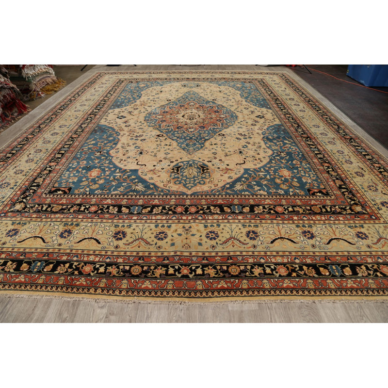 Tapis bleu / brun / beige en laine noué à la main de conception unique 12 pi 2 po x 15 pi 6 po New Age