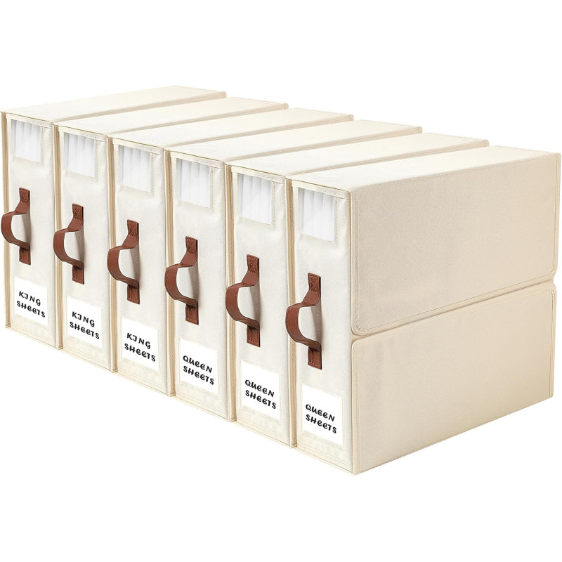 6 Pack Bed Sheet Organizers And Storage, Sheet Organizers For Linen Closet Under Bed Storage Sheets Set Organizers With Handle Window Foldable Bedding Storage Box Beige