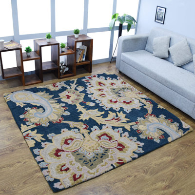 Tapis écologiques en laine touffetée à la main Akain - carré, bleu, motif floral moderne, tapis antidérapants faits à la main et épais pour salon, chambre à coucher