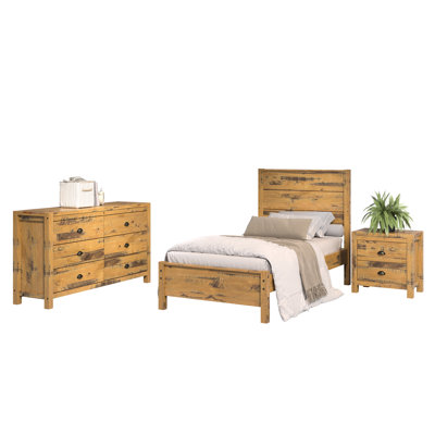 Hibir Farmhouse Set Of 3 Items For Bedroom, One Twin Bed, One Double Dresser  And One Nightstand Solid Wood Rustic Style