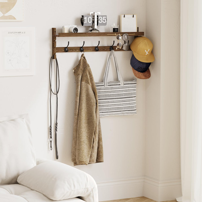 Porte-manteau mural avec tablette, 73,4 cm (28,9 pouces), tablette murale d'entrée avec 5 crochets doubles, brun