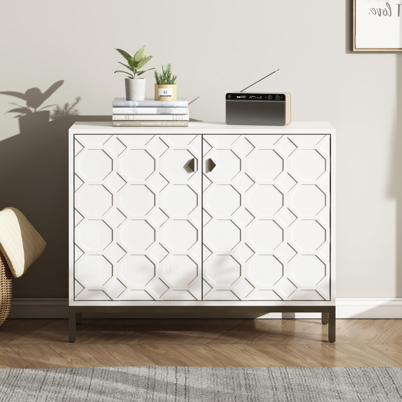 Armoire décorative moderne blanche avec surface brillante, l 39,55 po x P 16,16 po, H 32,54 po, pieds en métal, tablette de finition intérieure, hauteur 32,54 po, revêtement doré, convient à différentes pièces