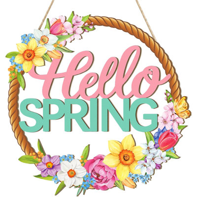 Couronne de porte de décoration en bois en bois pour panneaux de porte d'entrée, panneau de couronne de fleurs creuses Hello Spring Welcome Hanging For Home Wall Decor