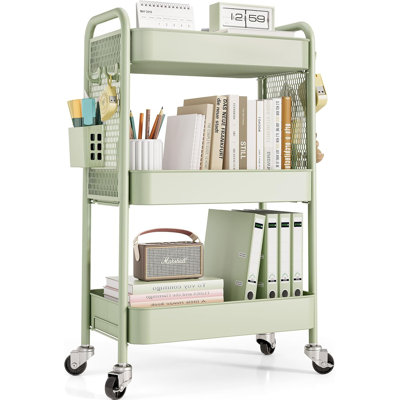 3-Tier Rolling Cart With Wheels & Storage Bins - Heavy Duty Metal Utility Cart With Pegboard, Hooks For Bathroom, Kitchen, Office, Nursery, Craft Room Organization