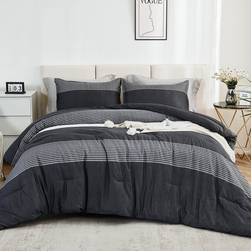 Ensemble d'édredon pour lit très grand Andency 7 pièces - lit dans un sac rayé blanc et noir, ensemble de literie toutes saisons en microfibre douce avec édredon, drap-housse, taies d'oreiller et taies décoratives