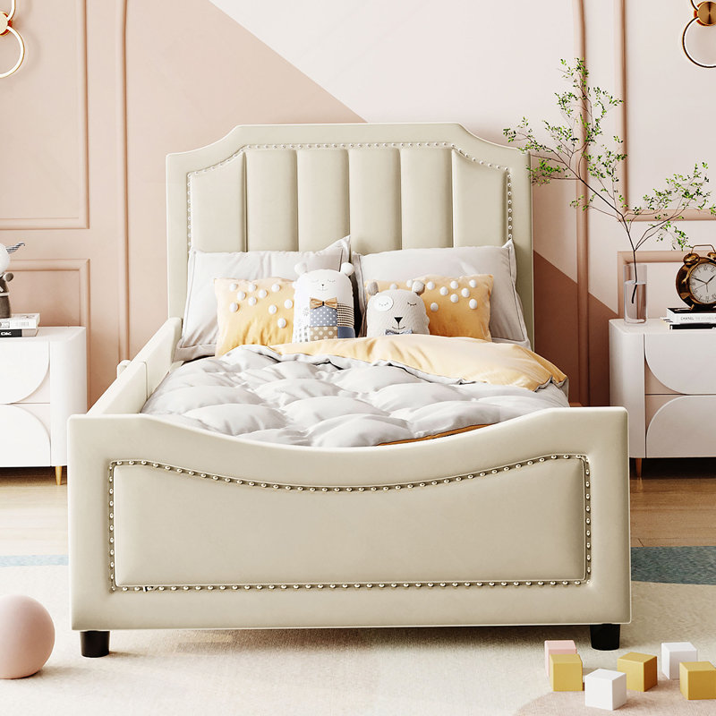 Lit de jour rembourré avec tête de lit à rayures classique, Beige