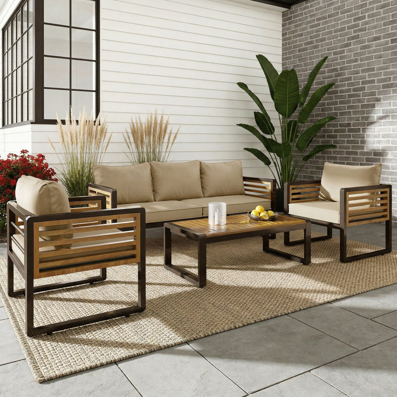 Abdel Outdoor 5 - Person Acacia Sofa Seating Group with Removable Cushion, Brown Metal and Wood Frame, Brown