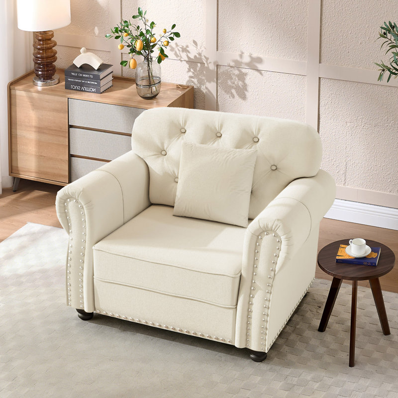 Petit fauteuil d'appoint rembourré avec repose-pieds Mid-Century, Beige / Blanc