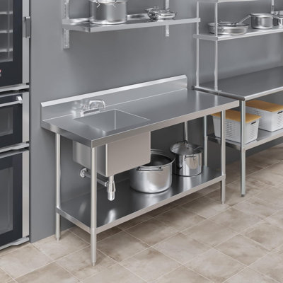 Table de travail Express KitchQuip en acier inoxydable avec évier de préparation à gauche et robinet intégrés, L 60 po x l 24 po