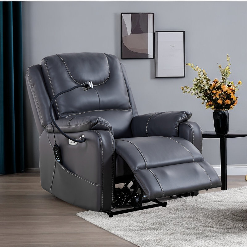 Fauteuil de massage chauffant en cuir véritable, Cuir véritable gris