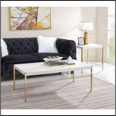 Rectangular Wooden Top Coffee Table, White And Gold