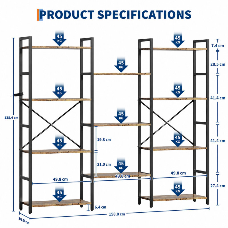 138.4cm H x 158cm W Iron Bookcase, Brown