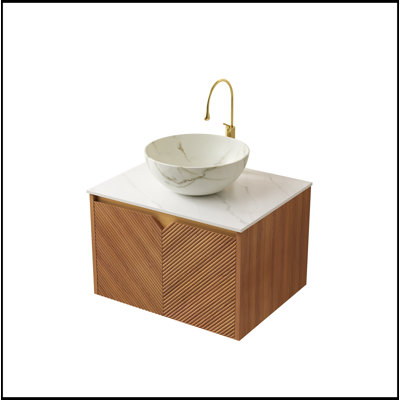 Meuble-lavabo 24 po, meuble de rangement flottant en contreplaqué, portes doubles en sergé avec garniture en métal, vasque en céramique blanche à motif de pierre mat et plateau en pierre frittée