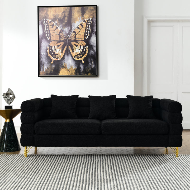 Canapé modulaire noir de 81 po à 3 places, assise profonde, coussins lombaires confortables, pieds en bois surdimensionnés, style moderne épuré, soutien solide