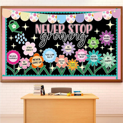 Spring Bulletin Board Set – “never Stop Growing” Classroom Decorations With Flower Cutouts & Positive Inspirational Paper Decor For Back To School