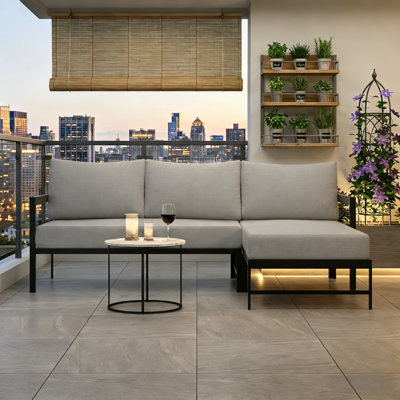 Canapé modulaire d'extérieur moderne en forme de L avec coussins ultra-épais de 6 po, ensemble de canapé de patio en métal résistant aux intempéries pour 3 personnes, noir et beige