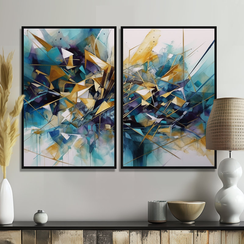 Golden Explosion Triangles III - art mural moderne, Noir, H 36 po x l 48 po, Impression encadrée flottante