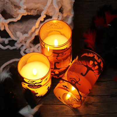 3 Pack Flickering LED Pillar Candles: Orange Glass, Spider Web/Pumpkin Decals, Battery Operated, Flameless, Real Wax