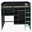 Lit mezzanine en bois pleine grandeur avec bureau, garde-robe ouverte, compartiments de rangement et lumières RVB, bleu nuage-525061729