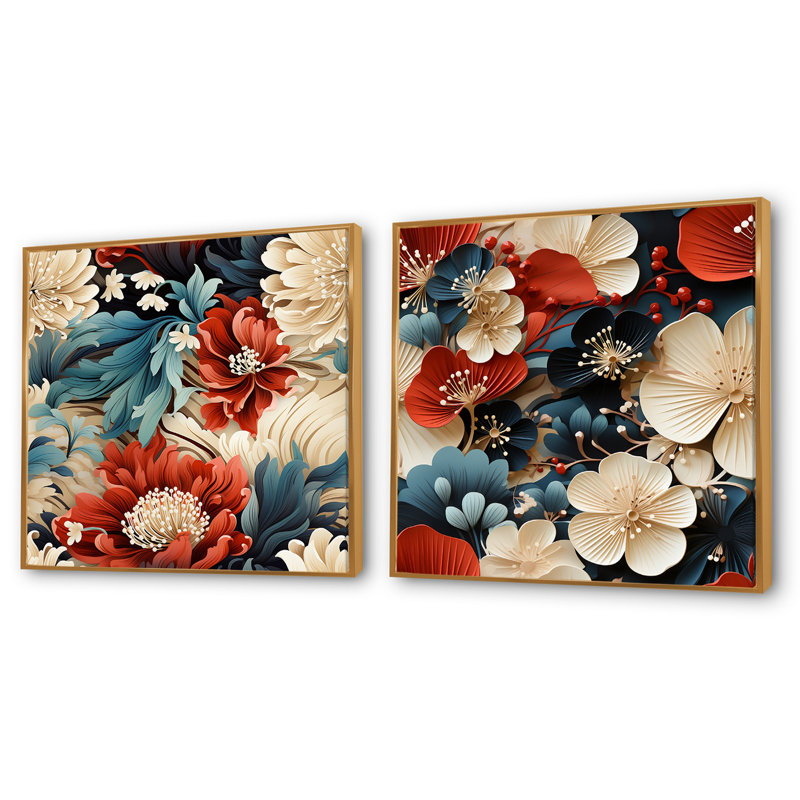 Thetford - Ensemble de 2 collages carrés floraux, Cadre flottant doré, H 36 po x l 73 po