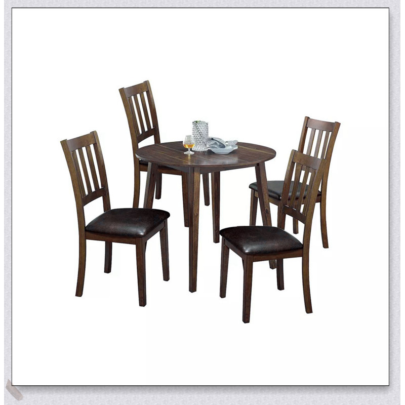 Ensemble de salle à manger 5 pièces transitionnel en bois massif avec table ronde et chaises rembourrées en similicuir, idéal pour les cuisines modernes et classiques