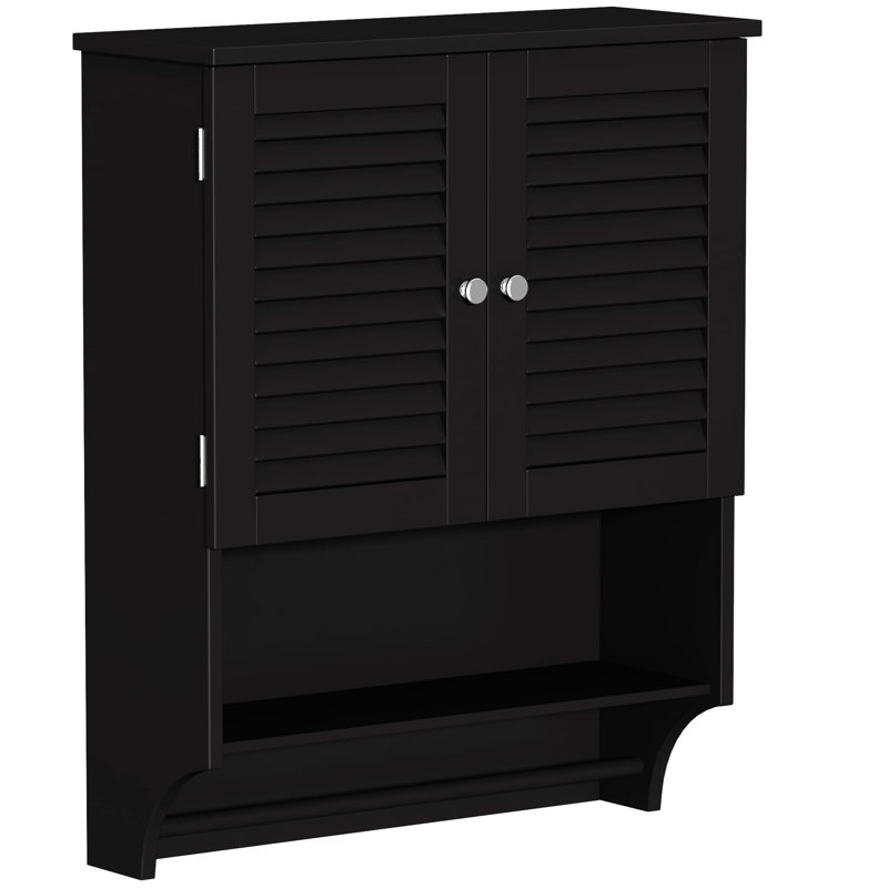 Armoire de salle de bain murale noire avec portes à persiennes, tablette ouverte pour trouver facilement des bouteilles de shampooing, tablettes réglables pour différents articles triés et barre à serviettes, fabriquée avec des tablettes,