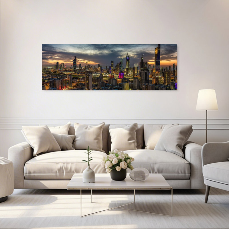 Vibrant City Skyline At Dusk by AHMAD AL SAFFAR - Wrapped Canvas Panoramic Print, 152.4 cm H x 50.8 cm W