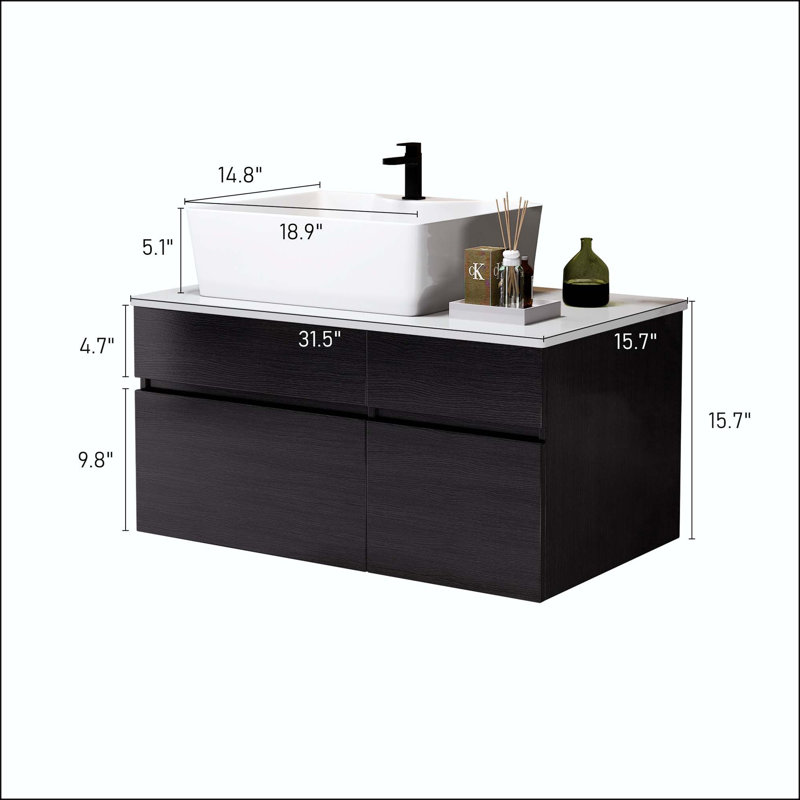 Petit meuble-lavabo mural 31,5 "avec lavabo vasque, Black