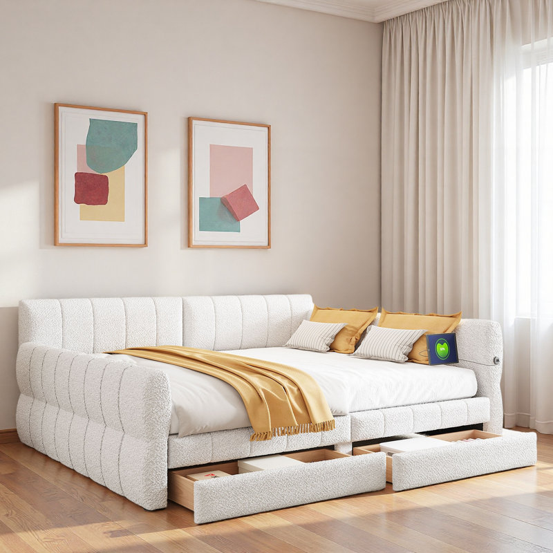 Upholstered Daybed With Usb And 2 Drawers, White