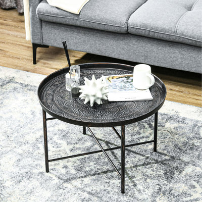 Table basse ronde de 61 cm (24 po) en métal martelé pour salon. Style vintage, finition métallique brossée faite à la main, pieds réglables, stable, capacité de charge de 50 kg (110 lb), avec plateau. Convient au salon et à la chambre.
