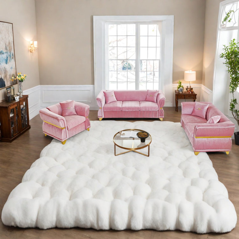 Ensemble de canapés modernes en velours, canapé 3 pièces rose avec métal doré pour la maison