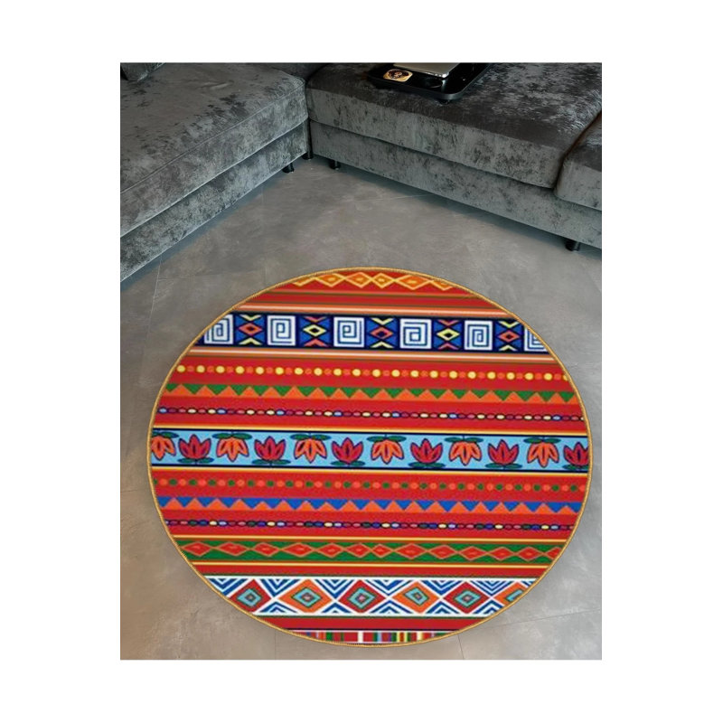 Orange Multicolored Motif Detailed Woven Base Modern Decorative Carpet, Round 2'8"