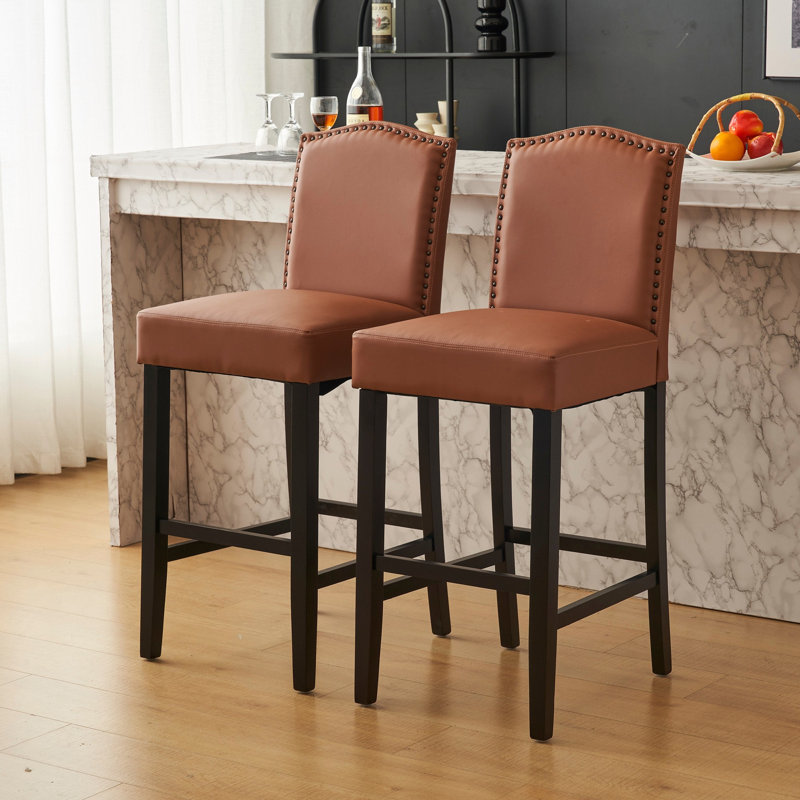 Ensemble de 2 tabourets de bar rembourrés pour îlot de cuisine avec pieds en bois d'hévéa et similicuir avec capacité de poids de 300 lb