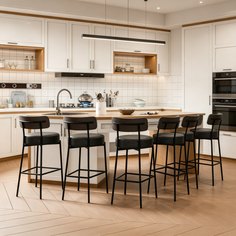 24'' Faux Leather Ronan Set Of 6, Counter Height Ronan With Backs, Upholstered Counter Chairs For Kitchen Island, Black